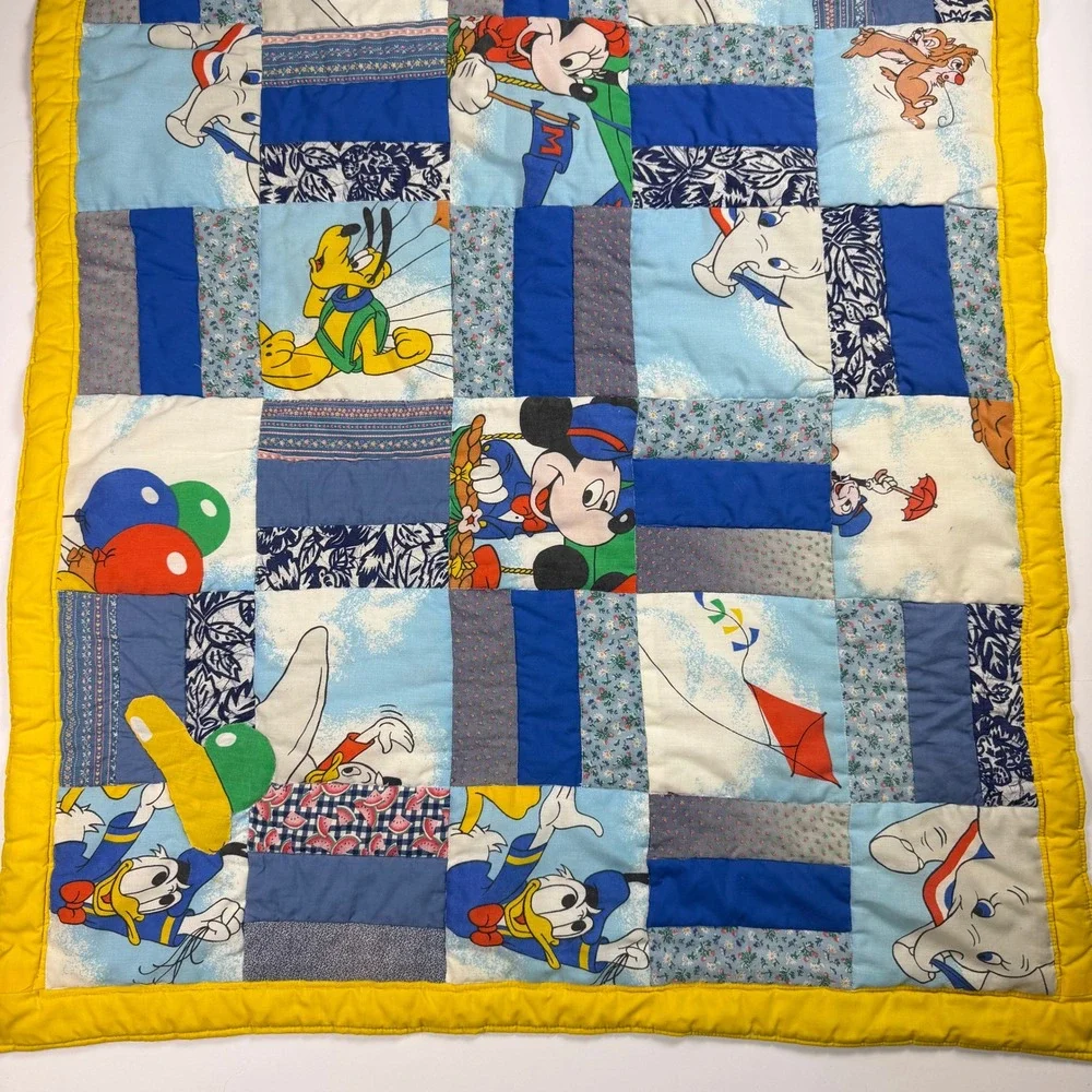 Disney Vintage Cottagecore Kids Patchwork Quilt Baby Blanket Blue Cotton Kidcore